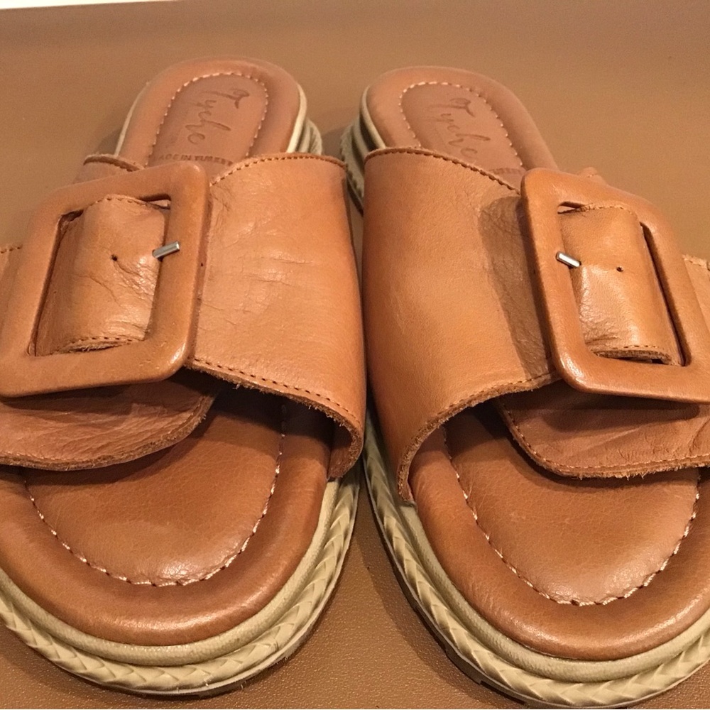 Tyche Brown Leather Slide Sandals SZ 9 New W/Out Tag